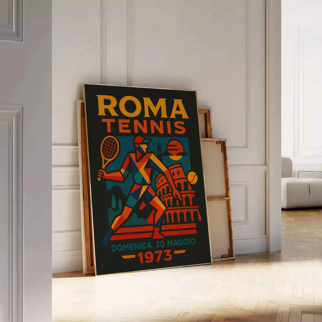 Ρετρό αφίσα τένις Roma, με κομψό σχέδιο σε πράσινους και γκρίζους τόνους. Ιδανική για λάτρεις του τένις, προσθέτει στυλ σε κά