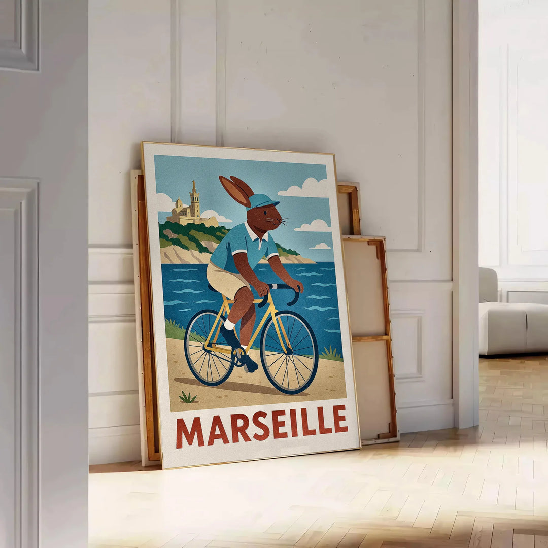 Ανακαλύψτε το γοητευτικό πόστερ "Παιδί Κουνέλι Ποδηλάτης στη Μασσαλία"! Ιδανικό για παιδικό δωμάτιο ή βρεφονηπιακό σταθμό, με