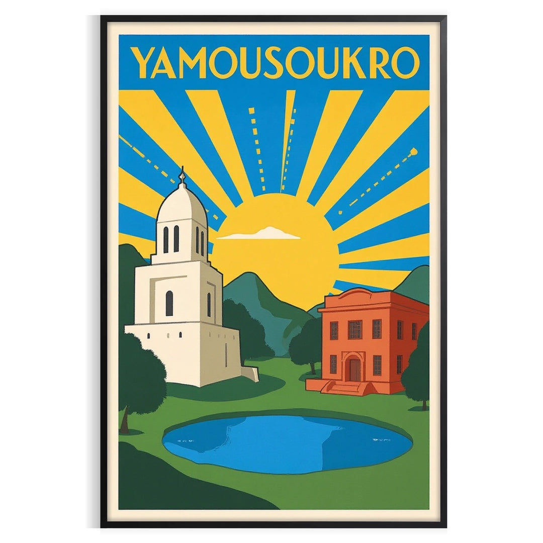 Yamoussoukro Ivori Krasta vintage ceļojumu plakāts ar šarmantu Art Deco dizainu, kas piepildīts ar bagātīgām dzeltenām un brū