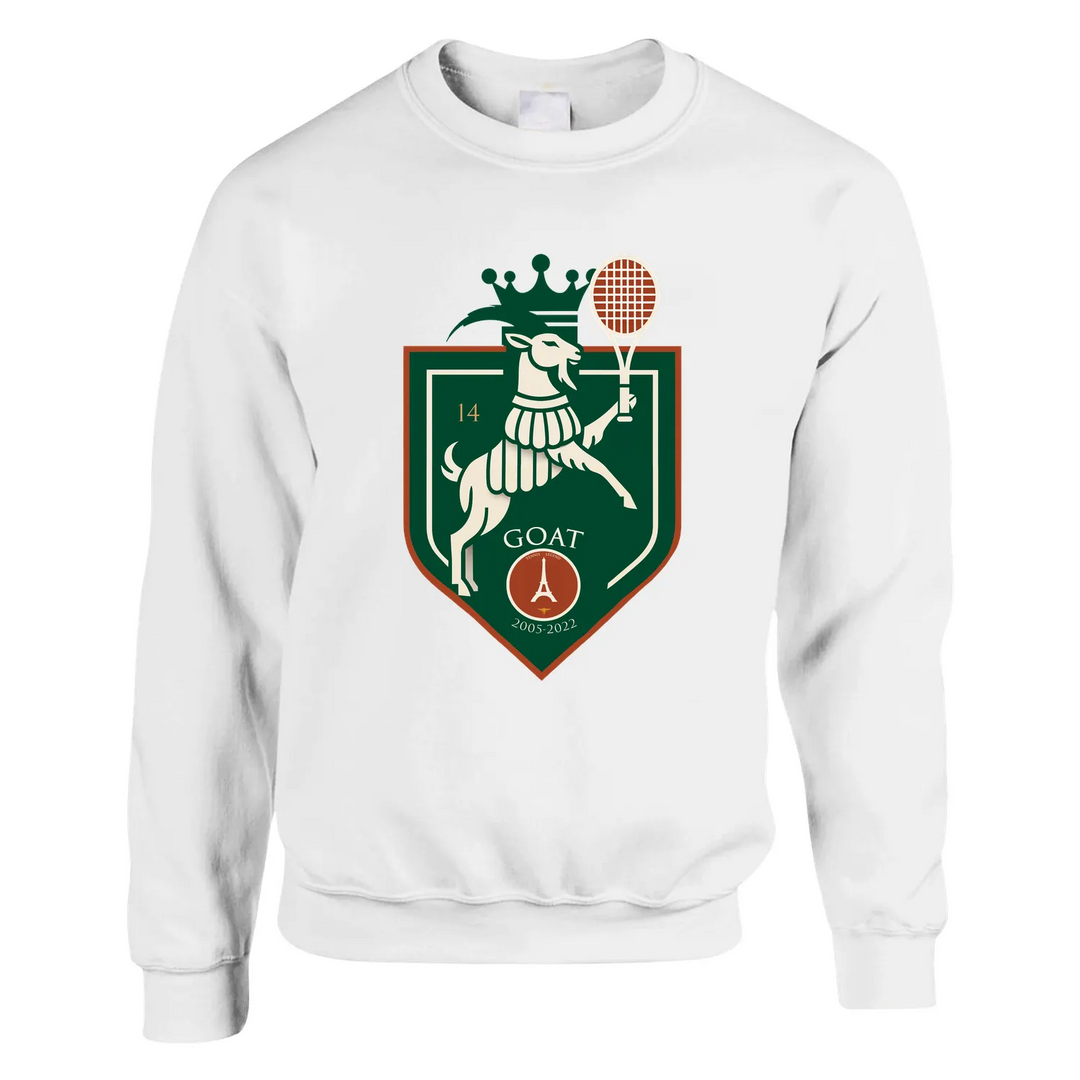 Sweater Tennis GOAT Rafa Paris, feito de 50% algodão e 50% poliéster, com toque suave e resistência ao desgaste. Design uniss