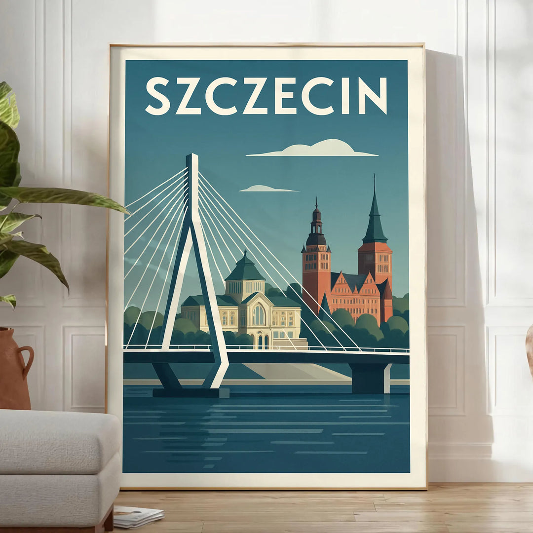 Poster of Szczecin city skyline artwork in orange and green tones