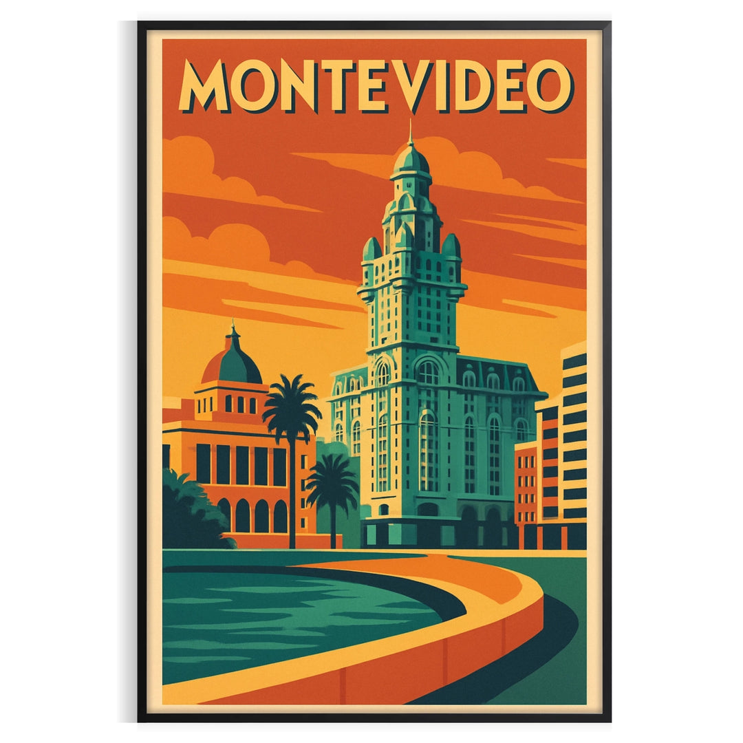 Vintage Art Déco Montevideo, Uruguay cityscape poster in orange and green