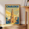Affiche Charleroi Art Déco montrant scène urbaine vintage vert et bleu