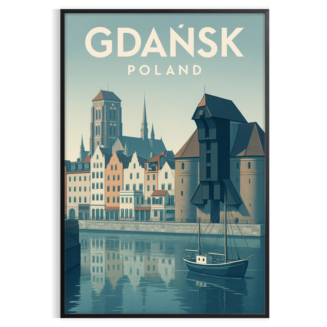 Green and gray Gdańsk Poland skyline poster in minimalist graphic style