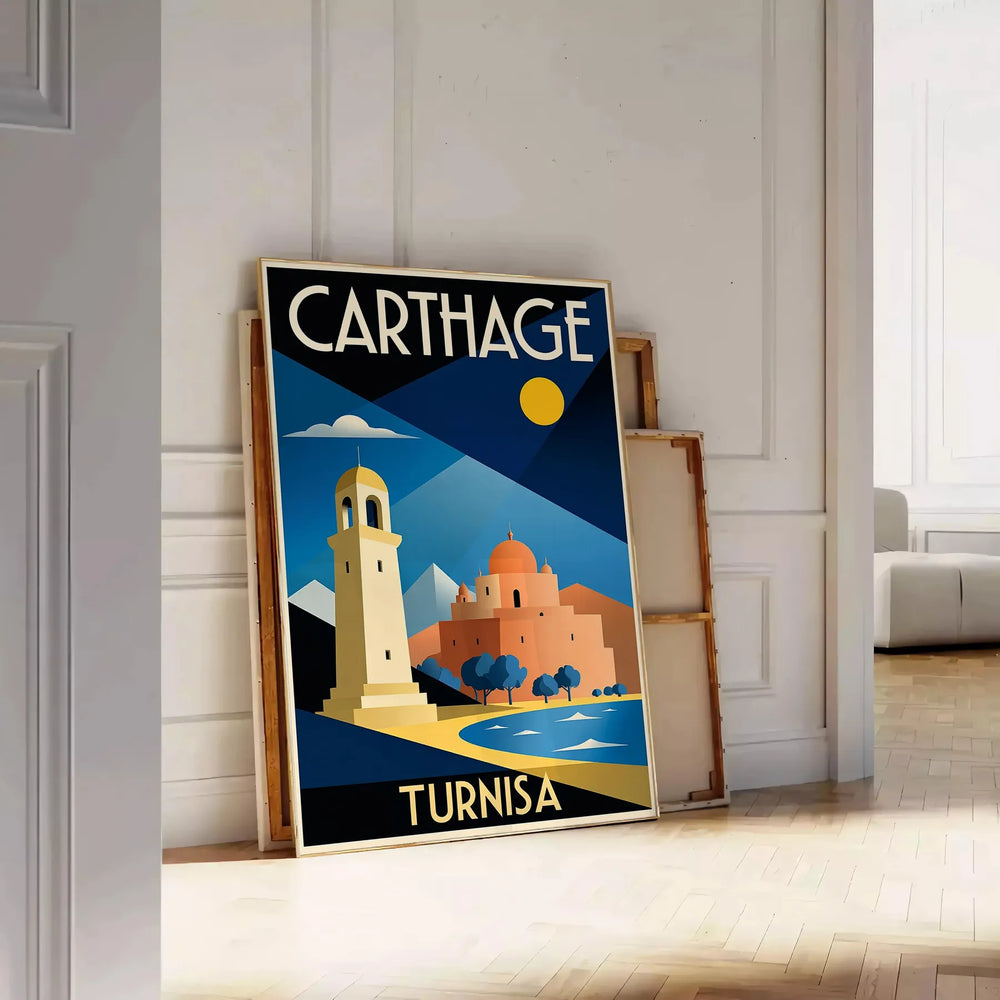 charm Carthage Tunisia stunning vintage travel poster blue green hues art deco enthusiast artwork adventure home dimensions cm A4 A0