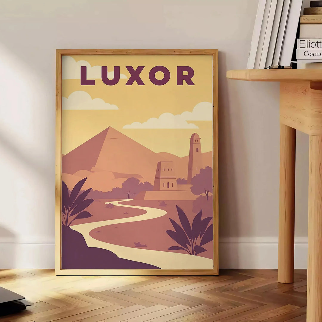 Poster Art Déco di Luxor Egitto grigio e marrone con tempio stilizzato