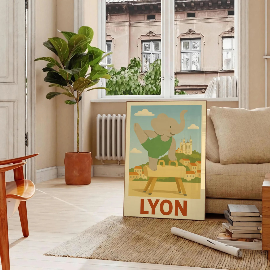 charming Kid Elephant Lyon Gymnastic poster delightful gray green hues child room dimensions whimsical design perfect young gymnasts favorite unframed option today