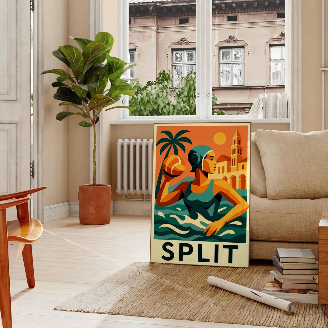 Pôster de desporto de polo aquático Split, disponível em várias dimensões, com cores vibrantes em verde e vermelho, ideal par