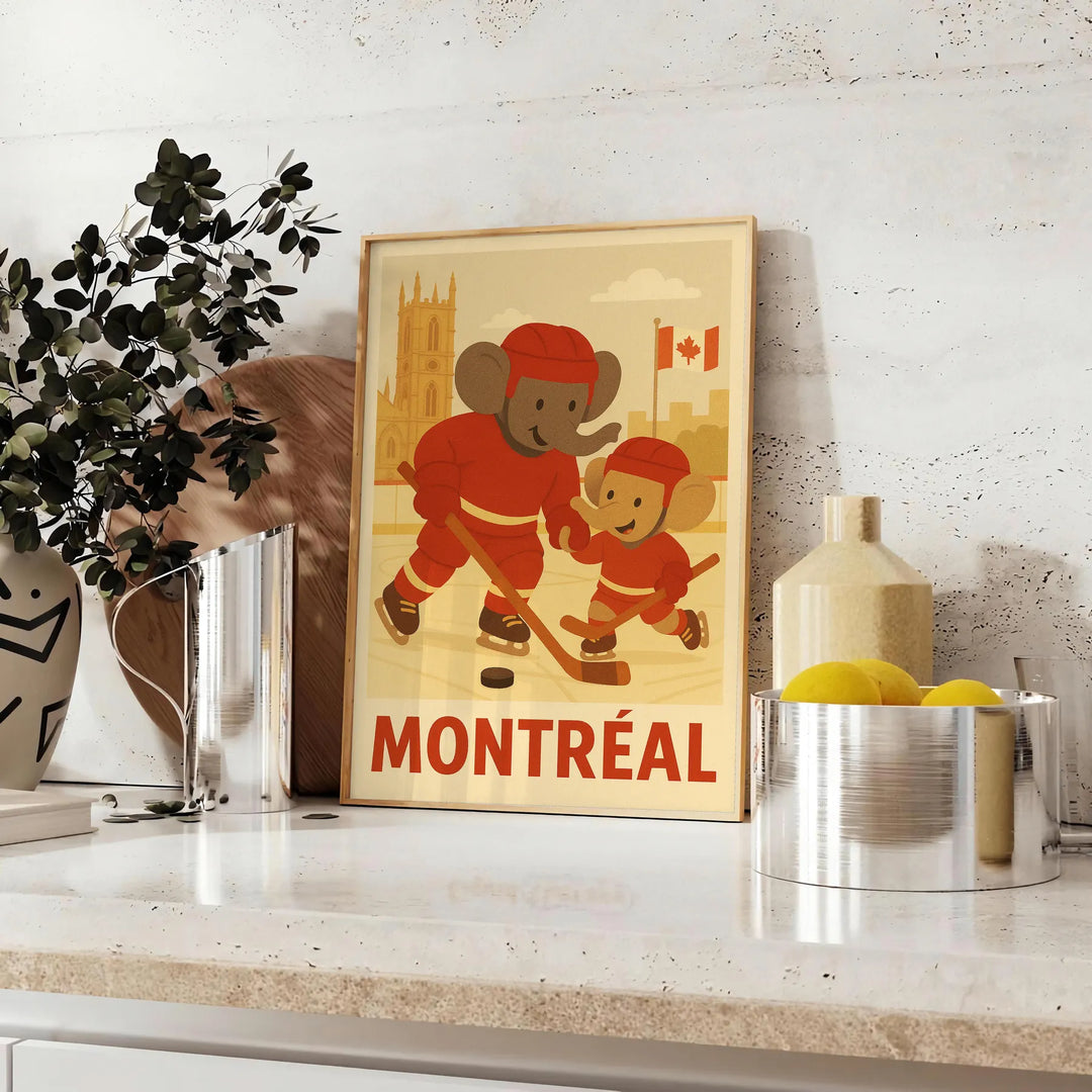 joy hockey space vibrant kid elephant poster Montréal delightful design bold red green eye measures young fans room today available