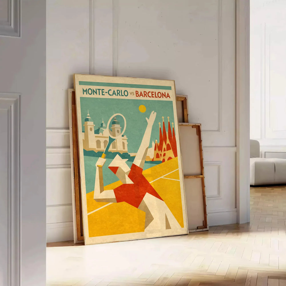 Tennis players competing on a court in Monte-Carlo, Monaco, with red and orange tones