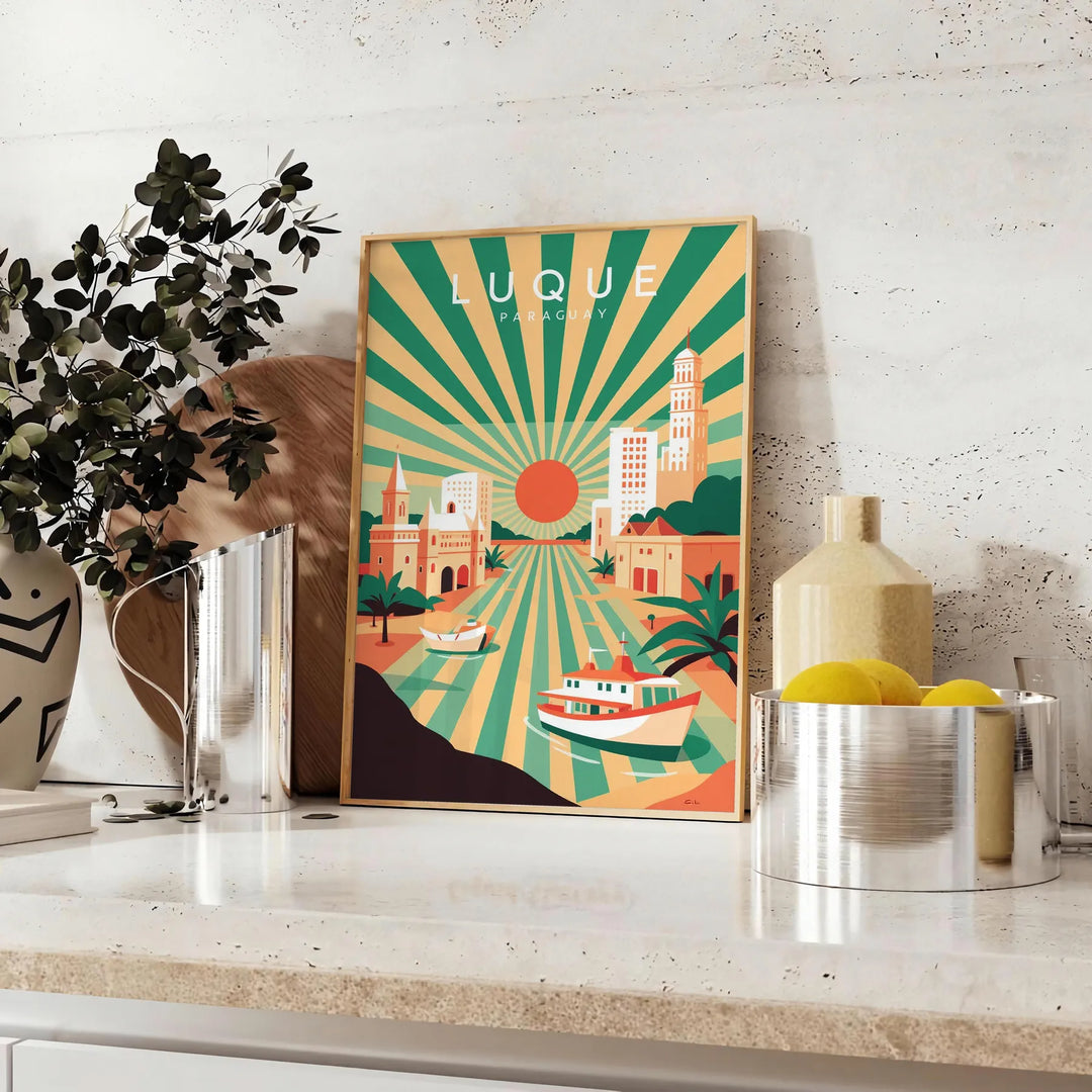 vibrant charm Luque Paraguay Art Déco vintage poster warm hues orange brown stunning piece essence classic design space decor timeless addition home available