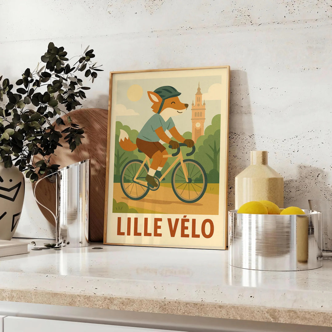 Affiche captivante Kid Fox Lille Cycling une explosion couleurs vertes oranges idéale passionnés cyclisme œuvre format 50x70 30x40 espace ambiance dynamique fun version