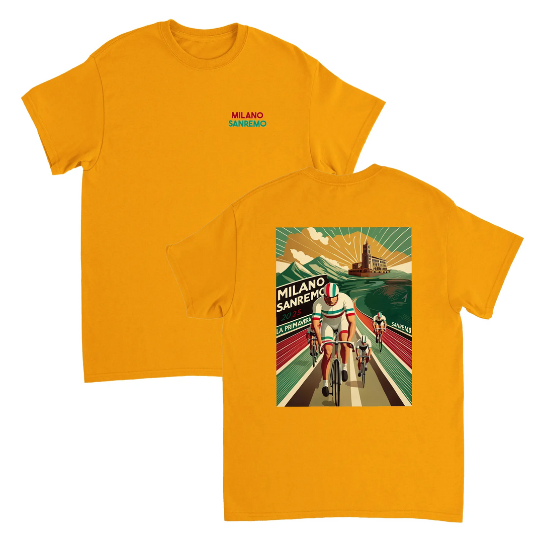 Koszulka Milano Sanremo z unikalnym wzorem, idealna dla miłośników kolarstwa. Dostępna w rozmiarach S, M, L, XL