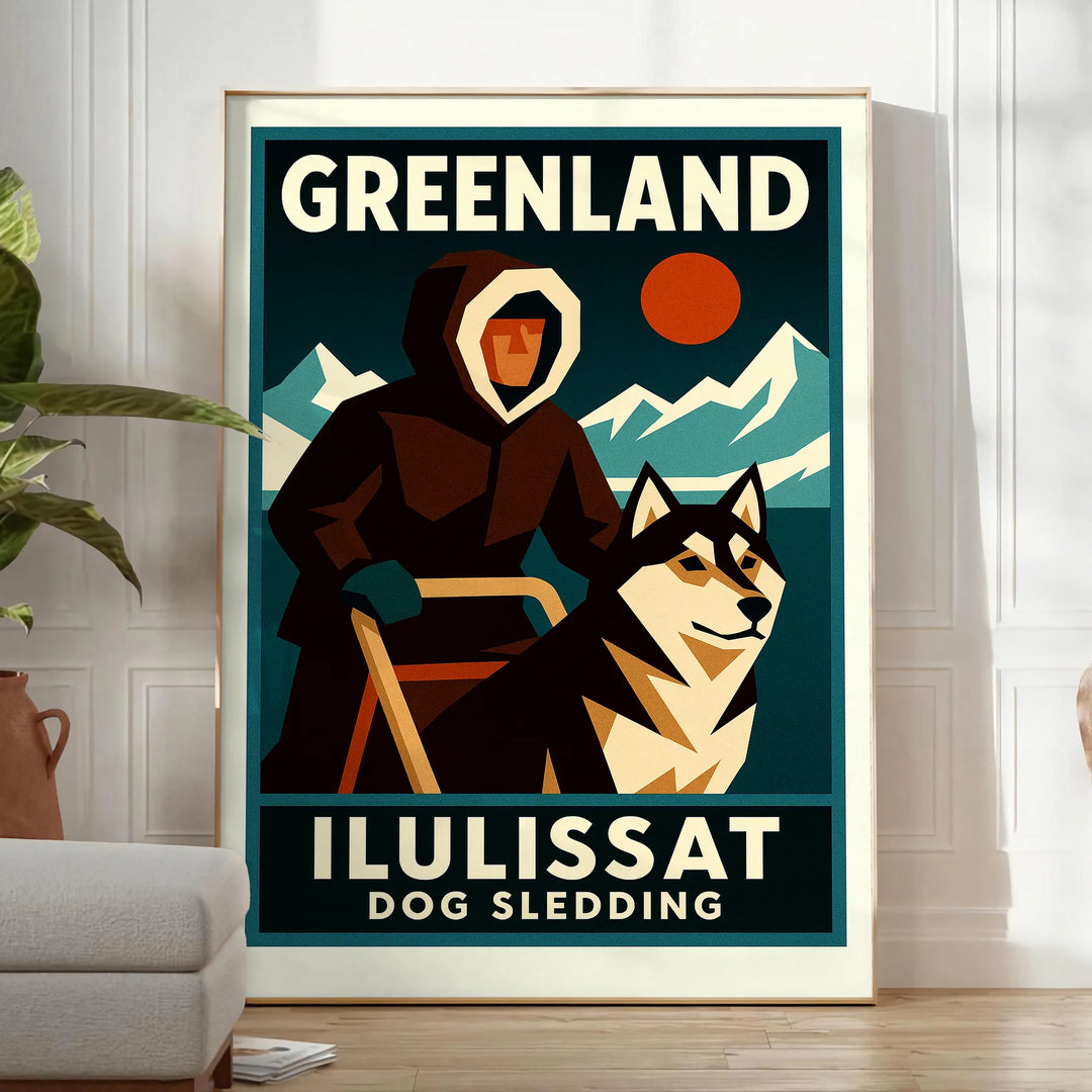 Affiche captivante sport traîneau chiens Groenland teintes grises orange incontournable passionnés aventure œuvre unique dimensions cm espace formats A4 A0