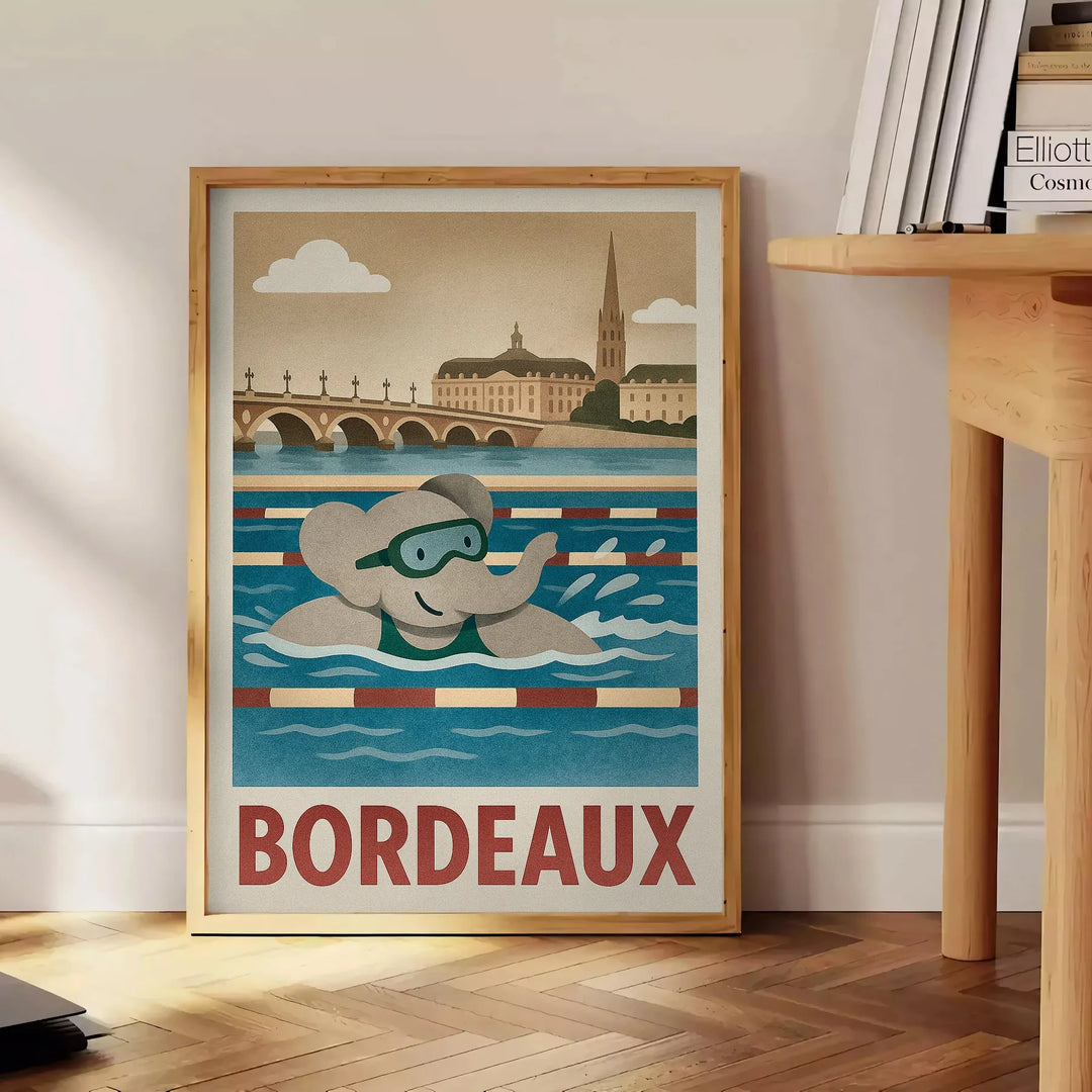 Αναδείξτε τον χώρο του παιδιού σας με το μαγευτικό αφίσα με θέμα τον ελέφαντα που κολυμπάει, σε ζωντανές αποχρώσεις μπλε και