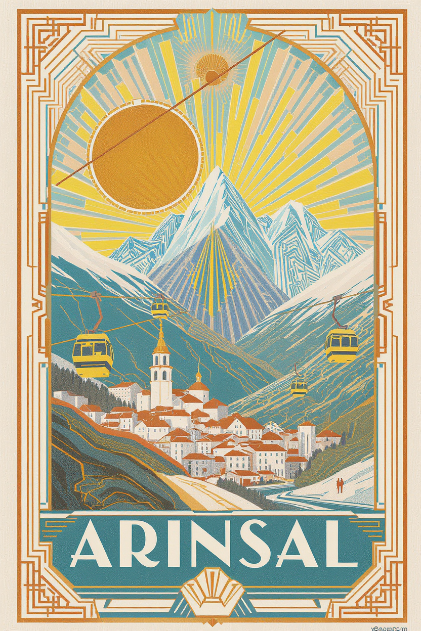 Arinsal Art Deco style poster displaying iconic landscape