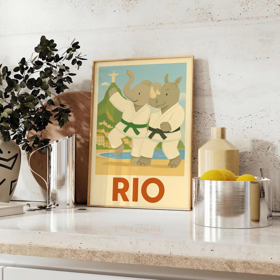 delightful kid elephant rhino judo poster vibrant spirit Rio de Janeiro playful interplay gray green eye design perfect child space unique today unframed options