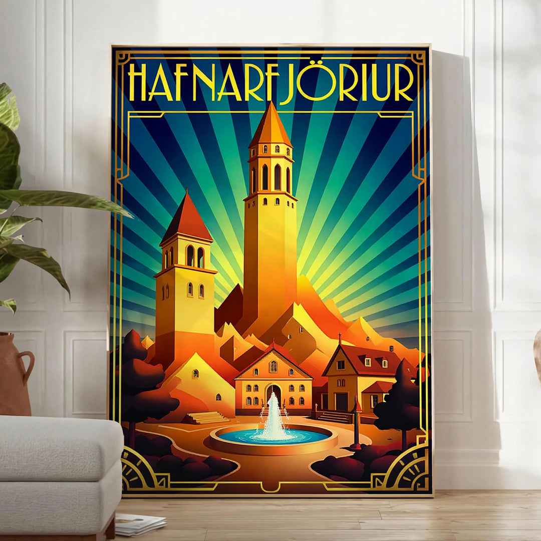 charm Hafnarfjörður Iceland stunning Art Déco vintage poster vibrant blue orange hues unique touch decor chance eye piece dimensions A4 cm A0