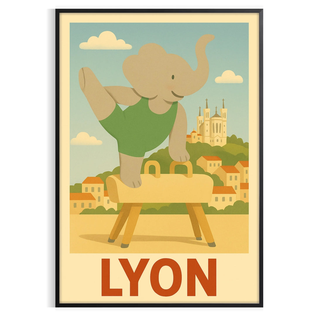 charming Kid Elephant Lyon Gymnastic poster delightful gray green hues child room dimensions whimsical design perfect young gymnasts favorite unframed option today