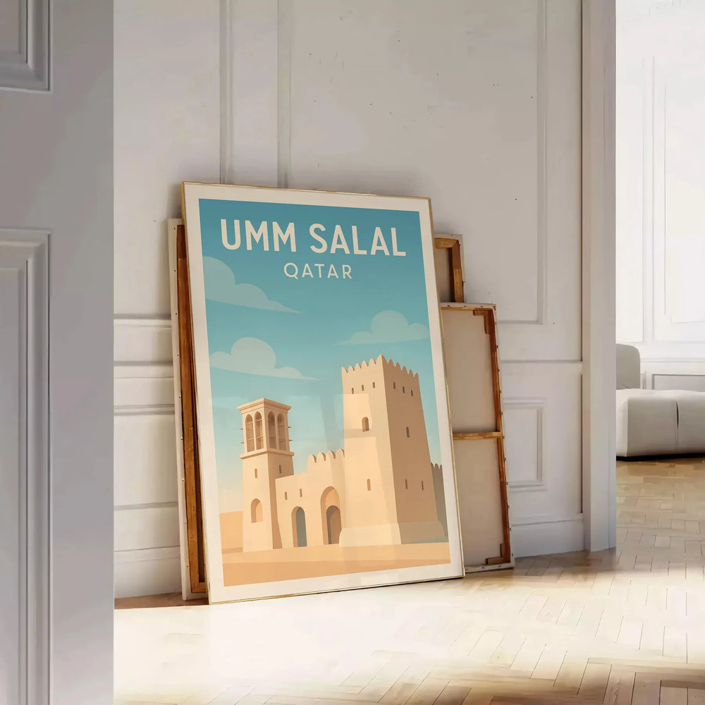 Umm Salal Qatar poster depicting minimalist architectural landscape in brown and gray