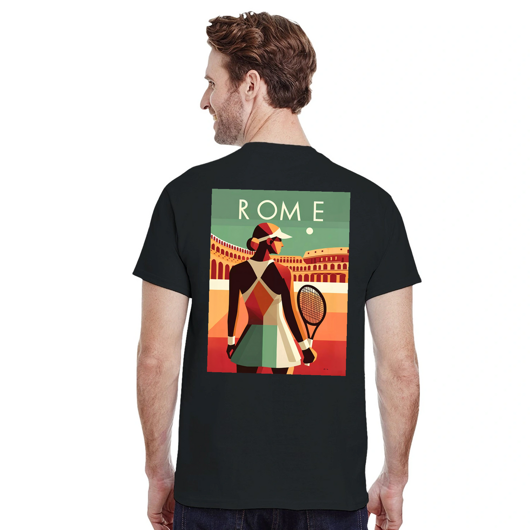 情熱的なファンとスタイリッシュなアスリートのためにデザインされたローマテニスTシャツ。コート内外での着用に最適な鮮やかなテニスグラフィックが特徴。柔らかく通気性のあるコットン素材で快適さを提供します。