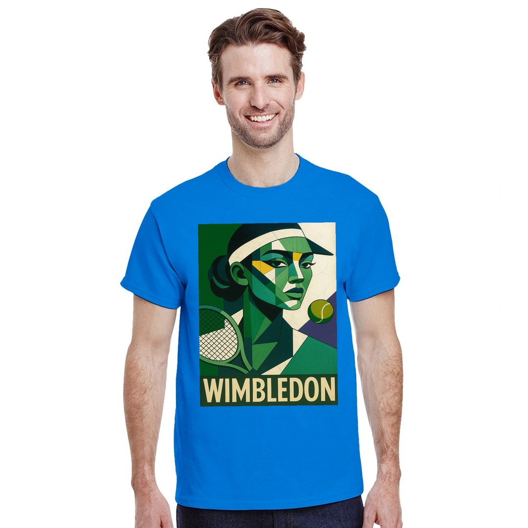ウィンブルドン・キュビスト・テニスTシャツ。ユニークなキュビズムデザインが特徴で、テニス愛好者にもファッション好きにも最適なアイテム。サイズはS、M、L、XL、XXLがあります。