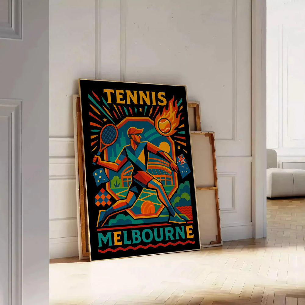 space Melbourne Vintage Cartoon Tennis poster blue black hues dimensions eye art piece playful touch room Buy today unframed options ideal look