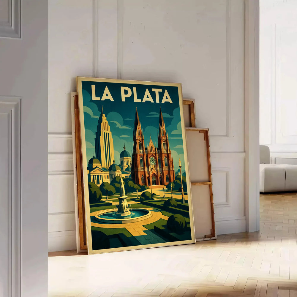 Yellow and green Art Déco poster of La Plata, Argentina cityscape