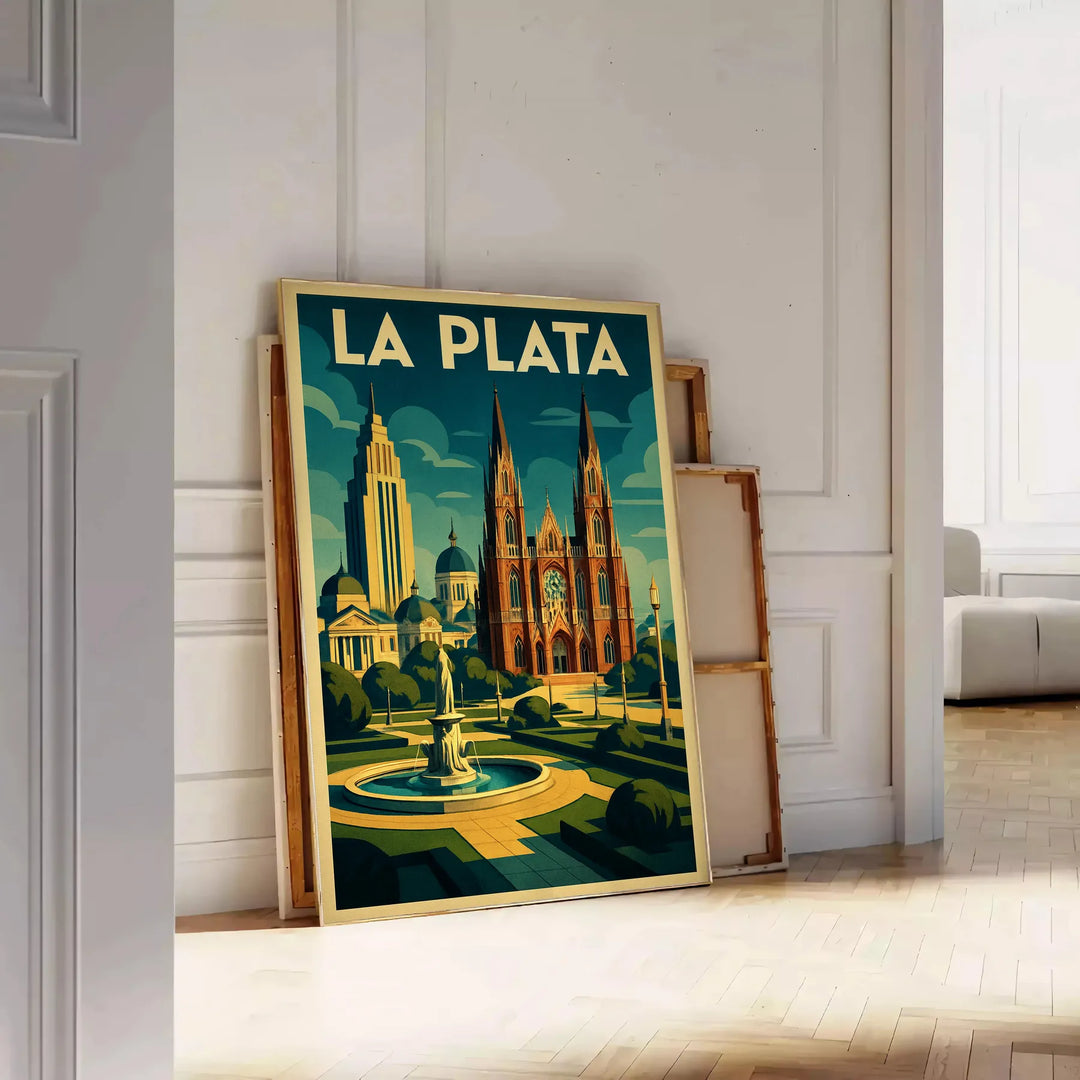 Yellow and green Art Déco poster of La Plata, Argentina cityscape