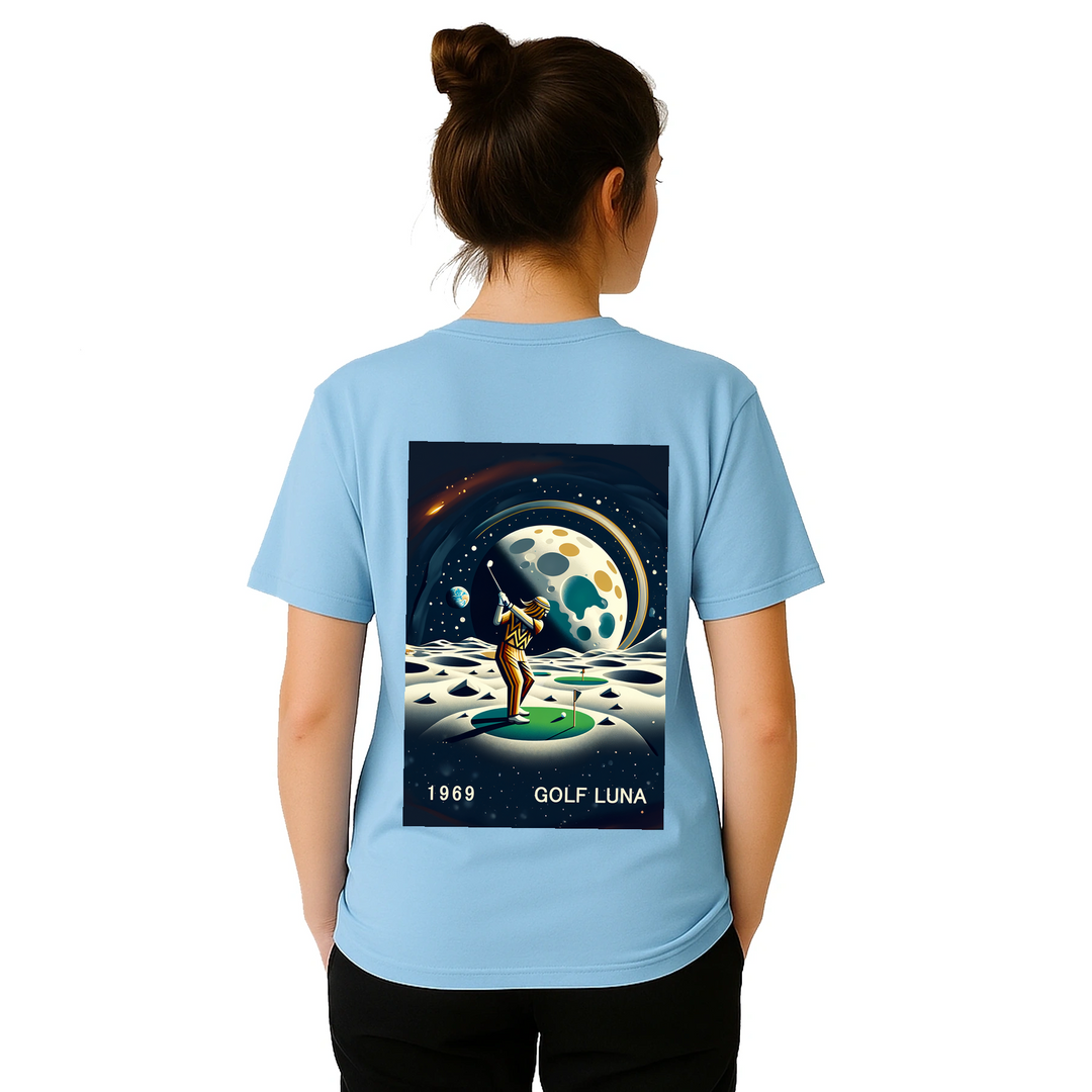Koszulka Golf Moon z unikalnym wzorem, idealna na pole golfowe i codzienne wyjścia. Wygodna i trwała, dostępna w rozmiarach S