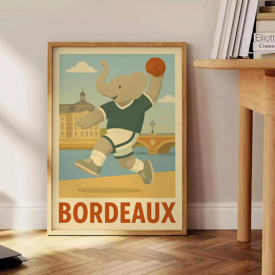 charming Bordeaux Kids Handball Elephant poster playful design gray green hues young athletes eye artwork room favorite size—50x70 unique touch decor unframed versions available