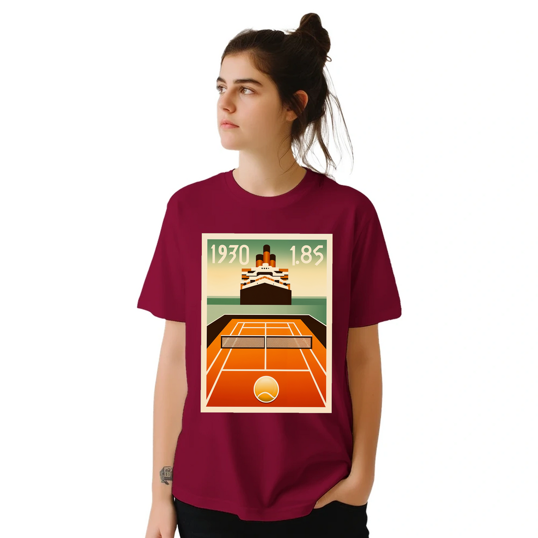 タイタニックテニスTシャツ。クラシックなタイタニックのエレガンスとテニスの楽しさを融合したユニークなデザインのTシャツ。サイズ: S, M, L, XL, XXL。