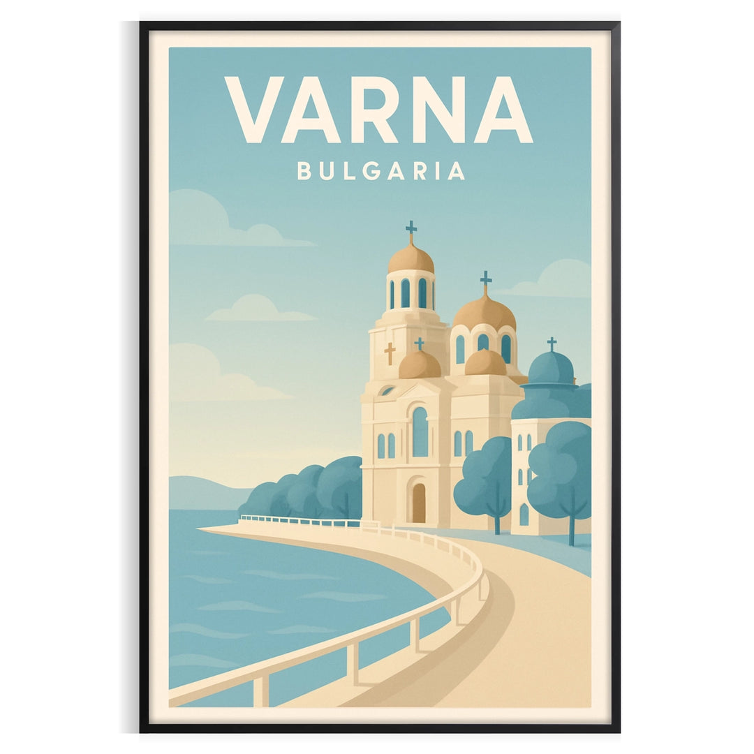 Blue and gray Varna, Bulgaria cityscape poster in minimalist style