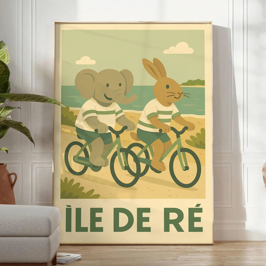 charming kid elephant rabbit cycling poster delightful gray green palette perfect child room area sizes artwork touch whimsy adventure unframed version enchanting today