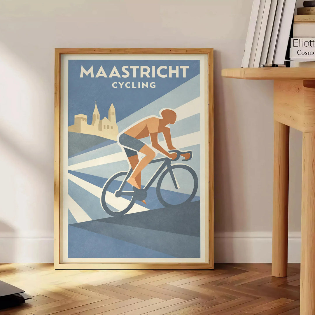 Plakat rowerowy Maastricht Pays-Bas z szaro-pomarańczowym wzorem, idealny dla miłośników kolarstwa i sztuki. Dostępny w różny