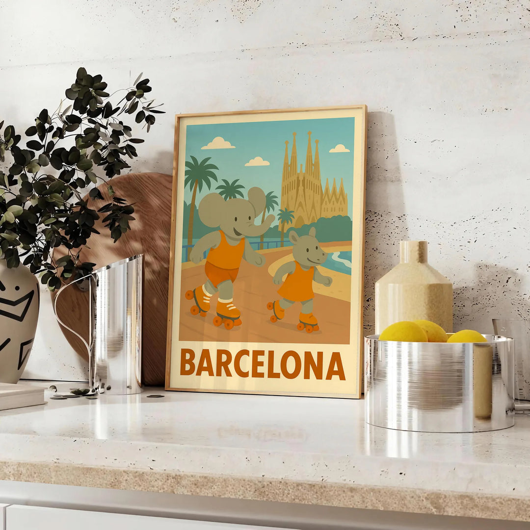 バルセロナの遊び心満載の子供用象とサイのポスターデザイン。グレーとグリーンの色合いが特徴で、子供部屋にぴったりのアイテムです。