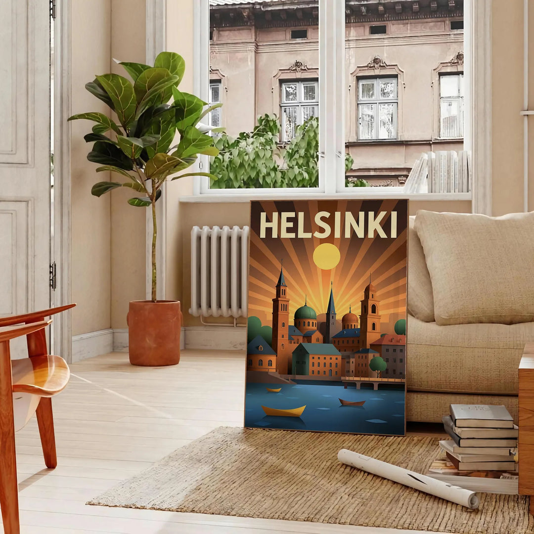 Manifesto vintage Art Déco di Helsinki con illustrazione cittadina grigia e verde.