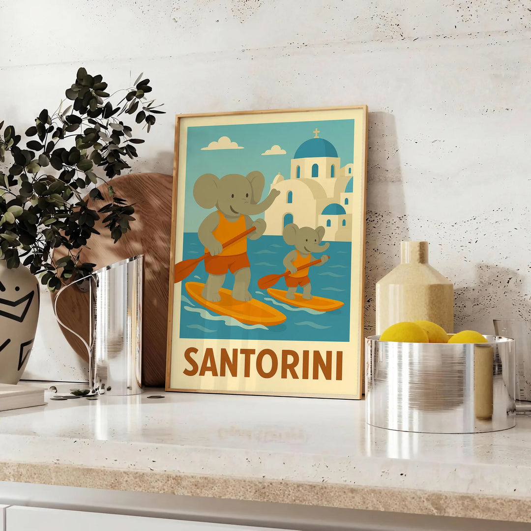 space enchanting Kid Elephant Paddle Santorini poster stunning blue orange hues children rooms playful spaces vibrant artwork imagination joy touch whimsy home sizes A4 cm A0