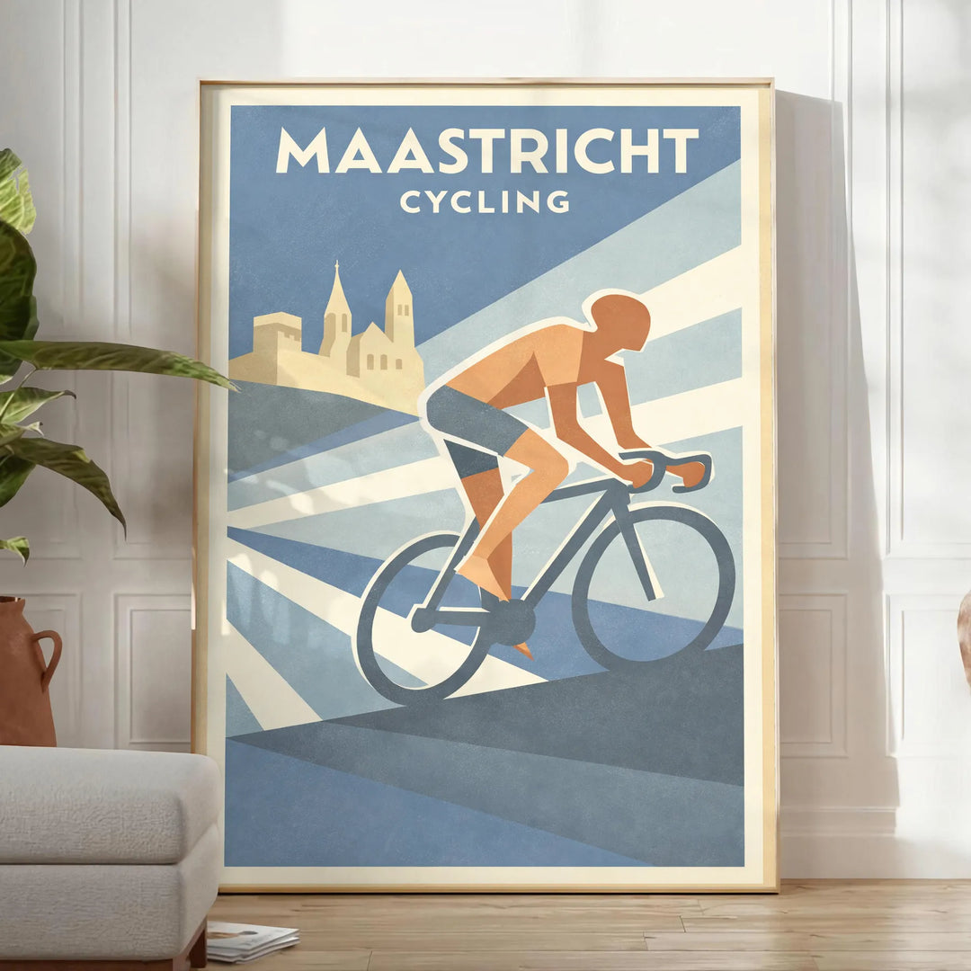 Plakat rowerowy Maastricht Pays-Bas z szaro-pomarańczowym wzorem, idealny dla miłośników kolarstwa i sztuki. Dostępny w różny