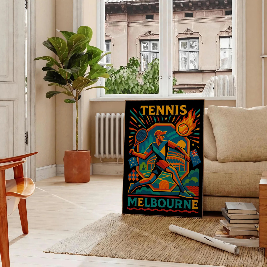 メルボルンのヴィンテージカートゥーンテニスポスター。青と黒の鮮やかな色合いで、50x70または30x40のサイズでご利用いただけます。どんな部屋にも遊び心を加えるアートです。