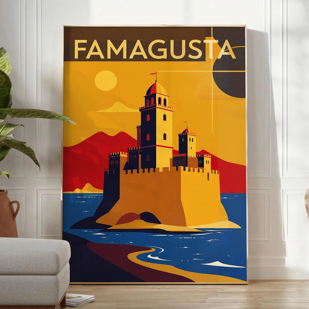 Poster Art Déco vintage di Famagusta, Cipro, toni arancione e rosso
