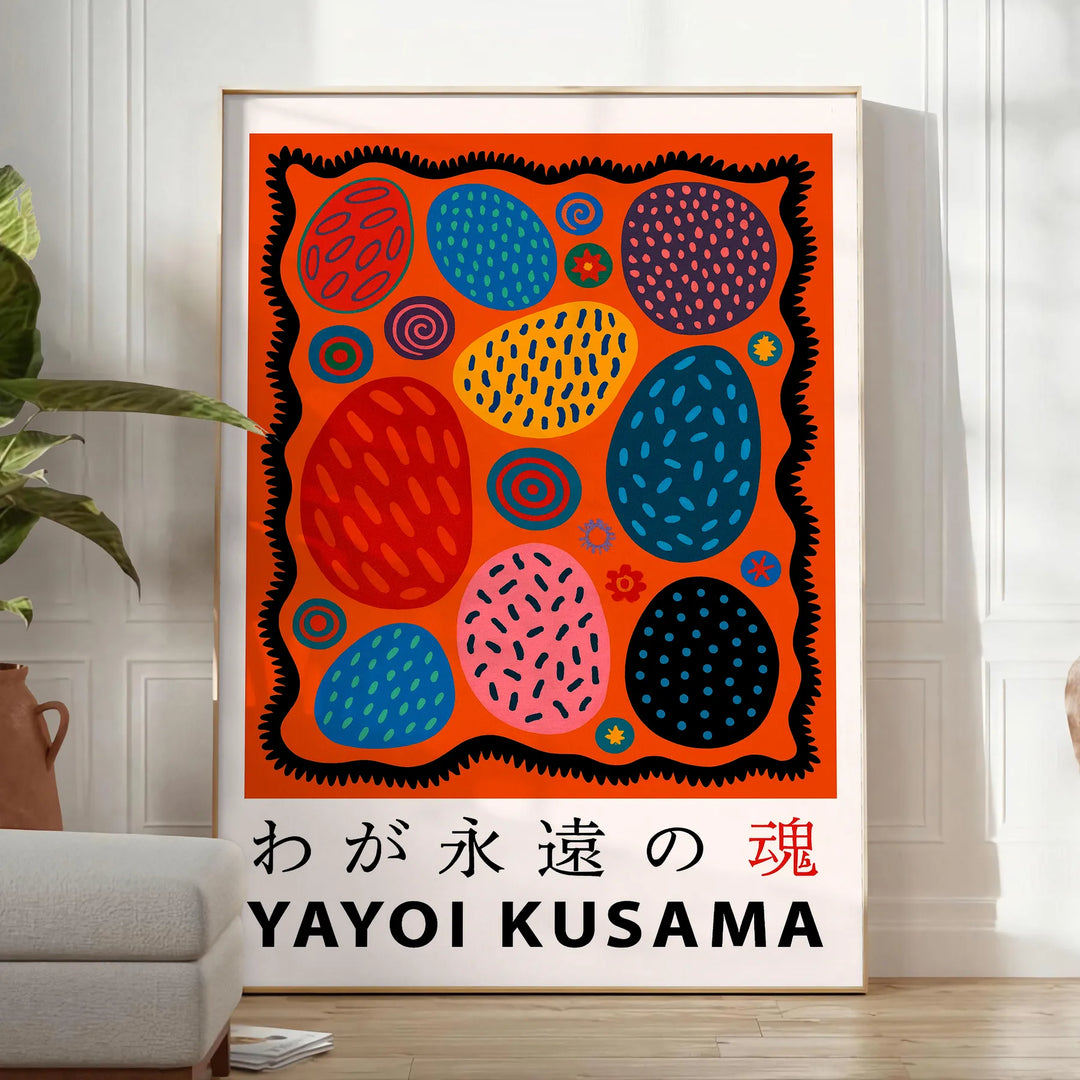 Yayoi Kusama affisch i röd och svart, mått 50x70 eller 30x40, perfekt för hem- eller studiodekor