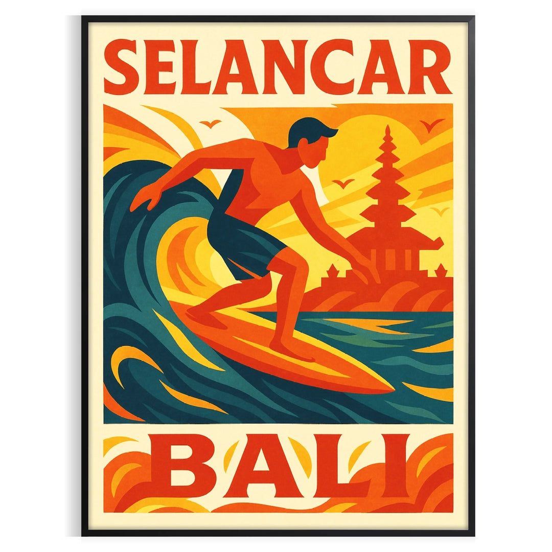 spirit Bali vibrant surf culture stunning Selancar 4 poster bold orange red hues enthusiast eye piece measures waves walls available