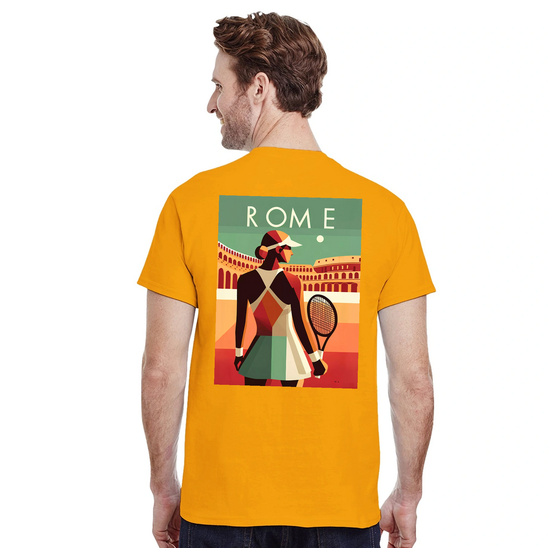 情熱的なファンとスタイリッシュなアスリートのためにデザインされたローマテニスTシャツ。コート内外での着用に最適な鮮やかなテニスグラフィックが特徴。柔らかく通気性のあるコットン素材で快適さを提供します。