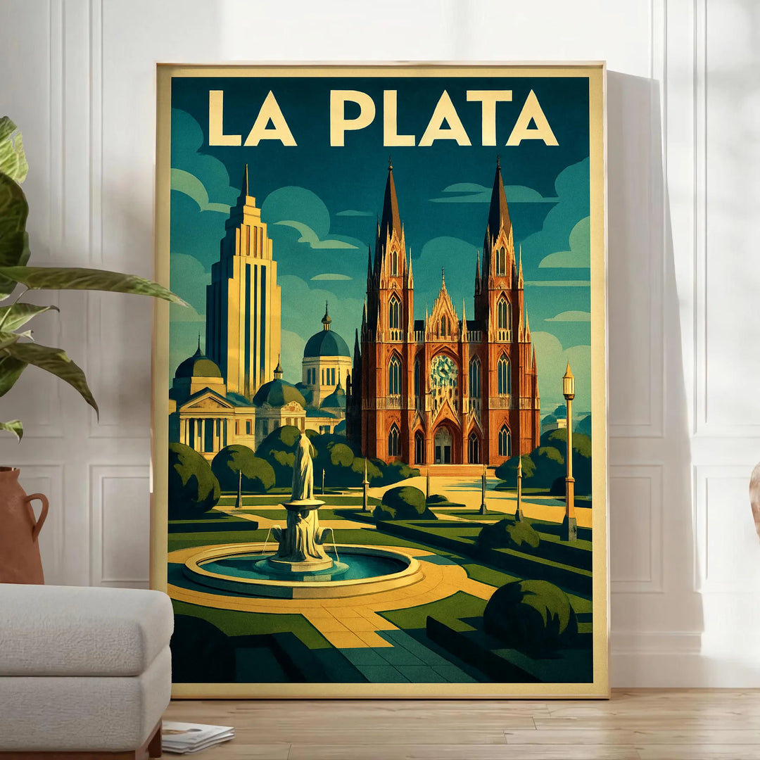 Yellow and green Art Déco poster of La Plata, Argentina cityscape