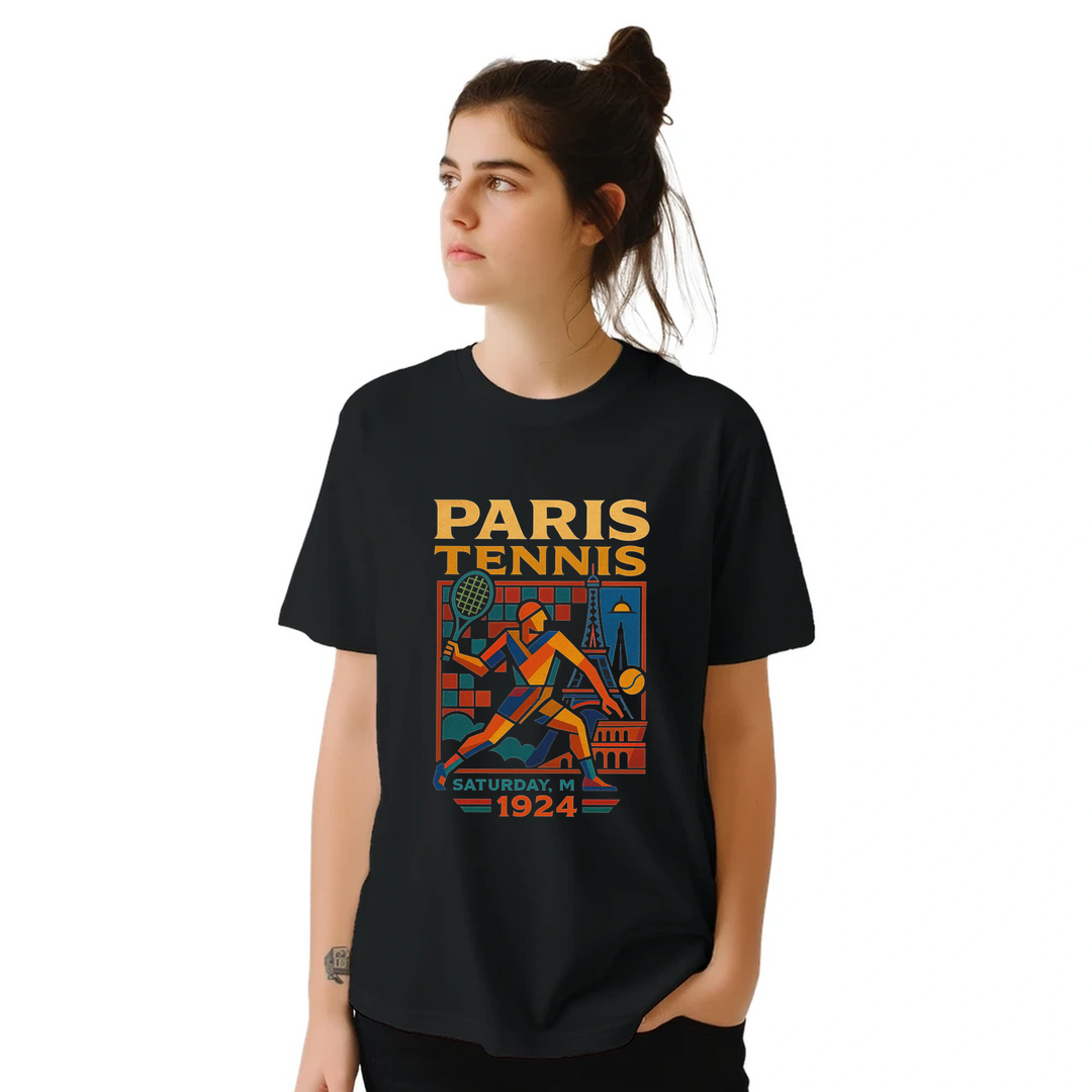 T-shirt time vintage 1924 Paris tennis t shirt unique tee whimsical cartoon design spirit classic sportsmanship lovers enthusiasts yours today effortless style comfort premium cotton durability