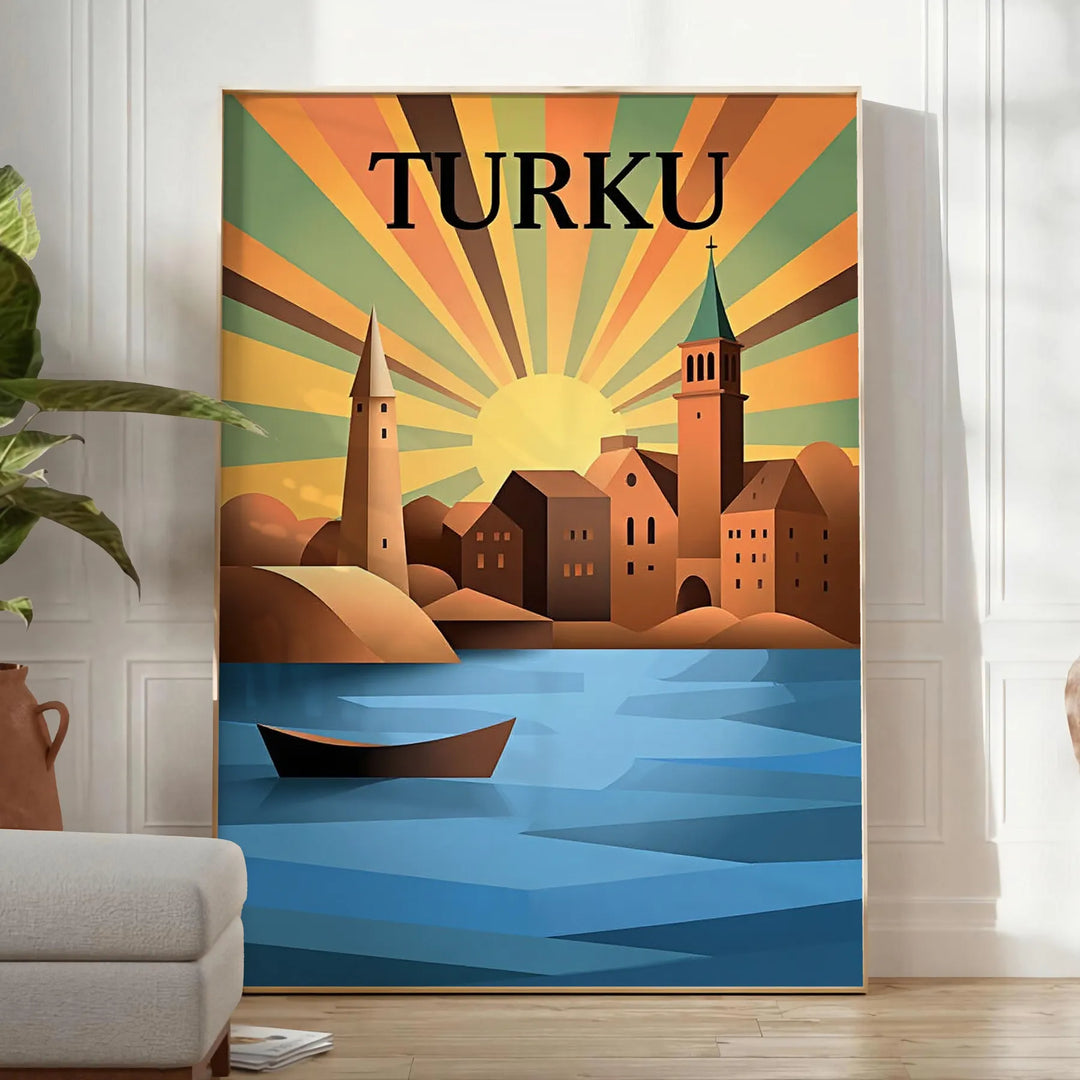 Poster Art Déco di Turku in grigio e blu, stile vintage