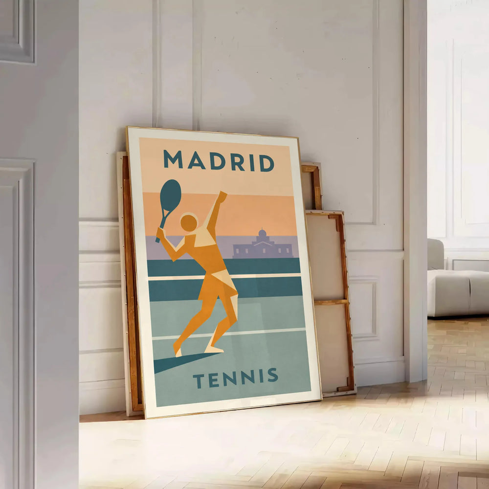 space captivating Madrid tennis poster warm hues brown orange sports enthusiasts decor lovers striking design passion game sizes A4 cm A0