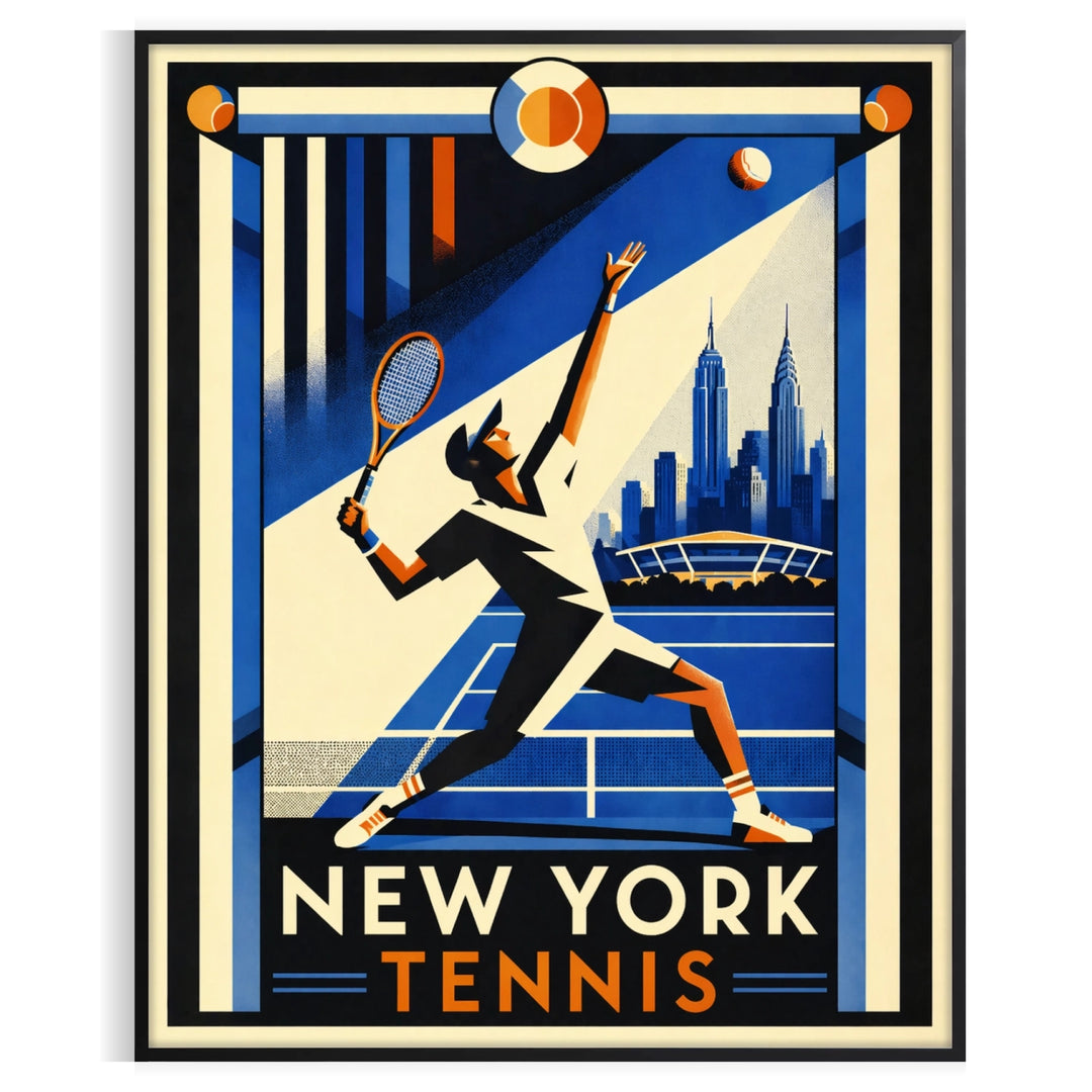space stunning New York tennis poster dynamic design bold black vibrant orange sports enthusiast eye piece dimensions today unframed options available style
