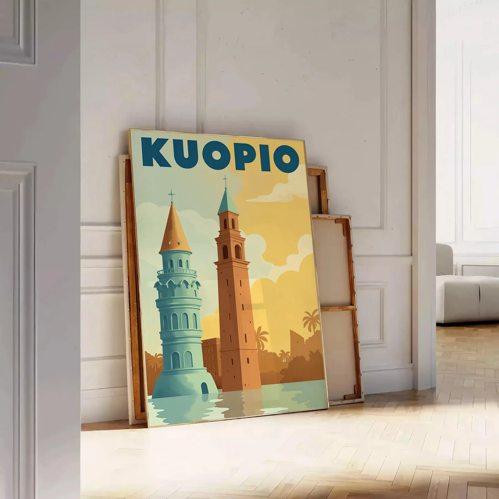 charm Kuopio Finland stunning Art Deco vintage poster vibrant orange blue hues artwork touch elegance space collectors enthusiasts today dimensions cm size A4 A0